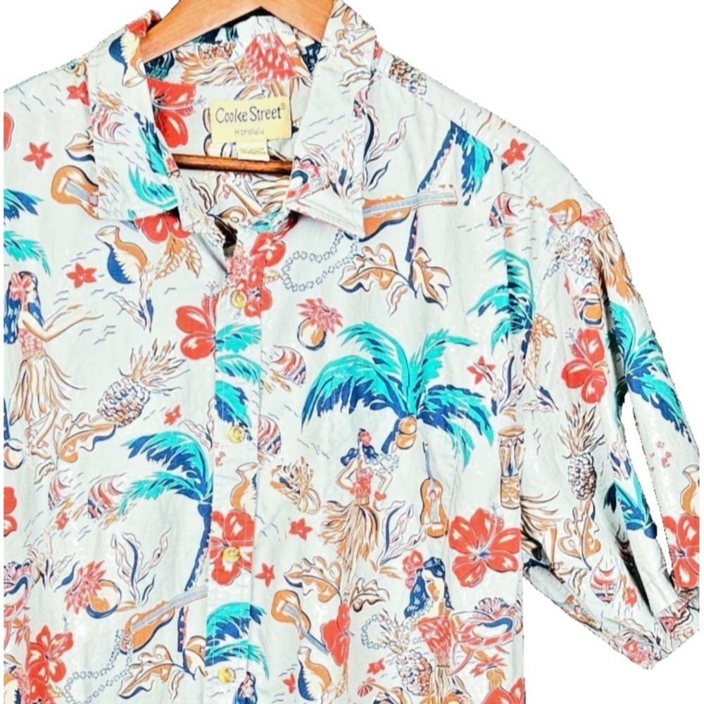 Cooke Street Hawaiian Hula Girl Short Sleeve Button Shirt 2XL Blue Cotton
